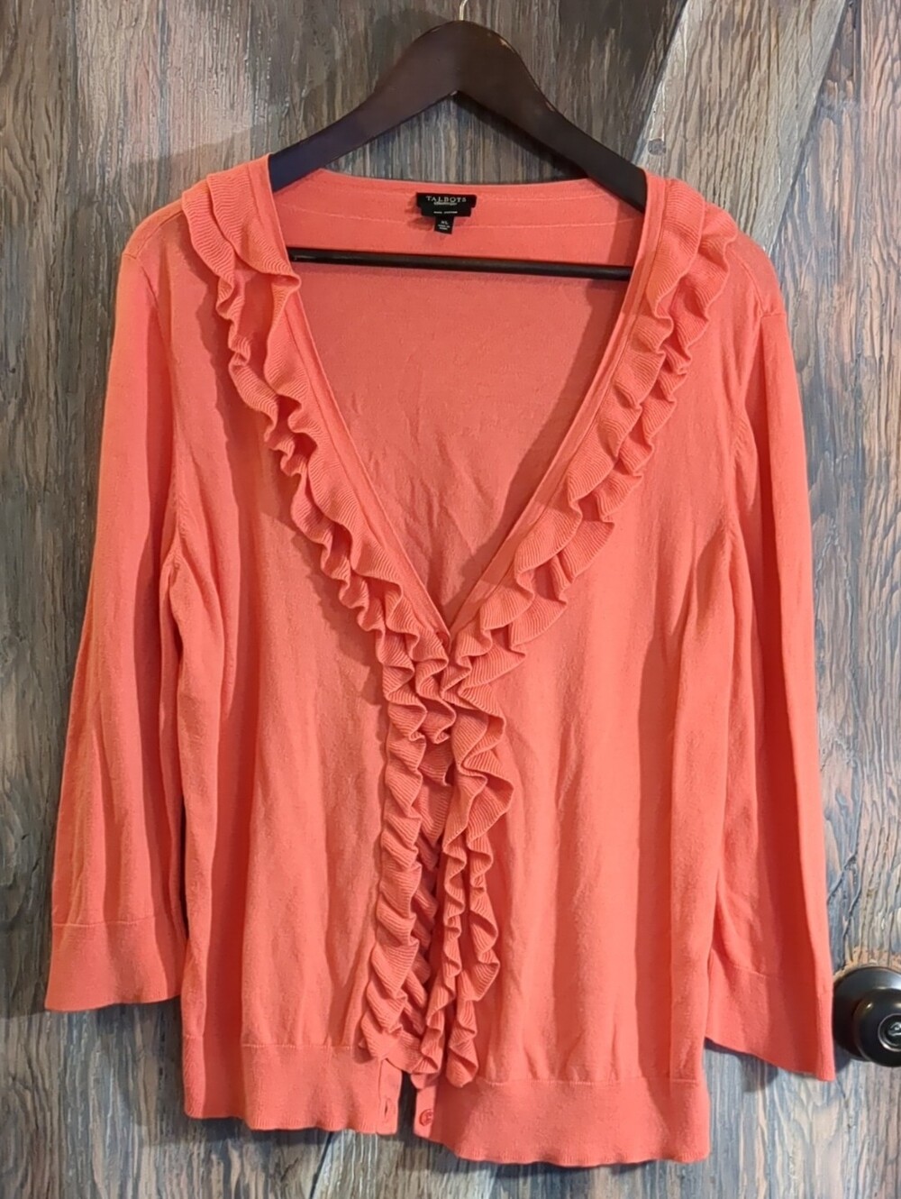 Talbots Coral Ruffle Trim V-Neck Cardigan Sweater Orange Knit Everyday Classic